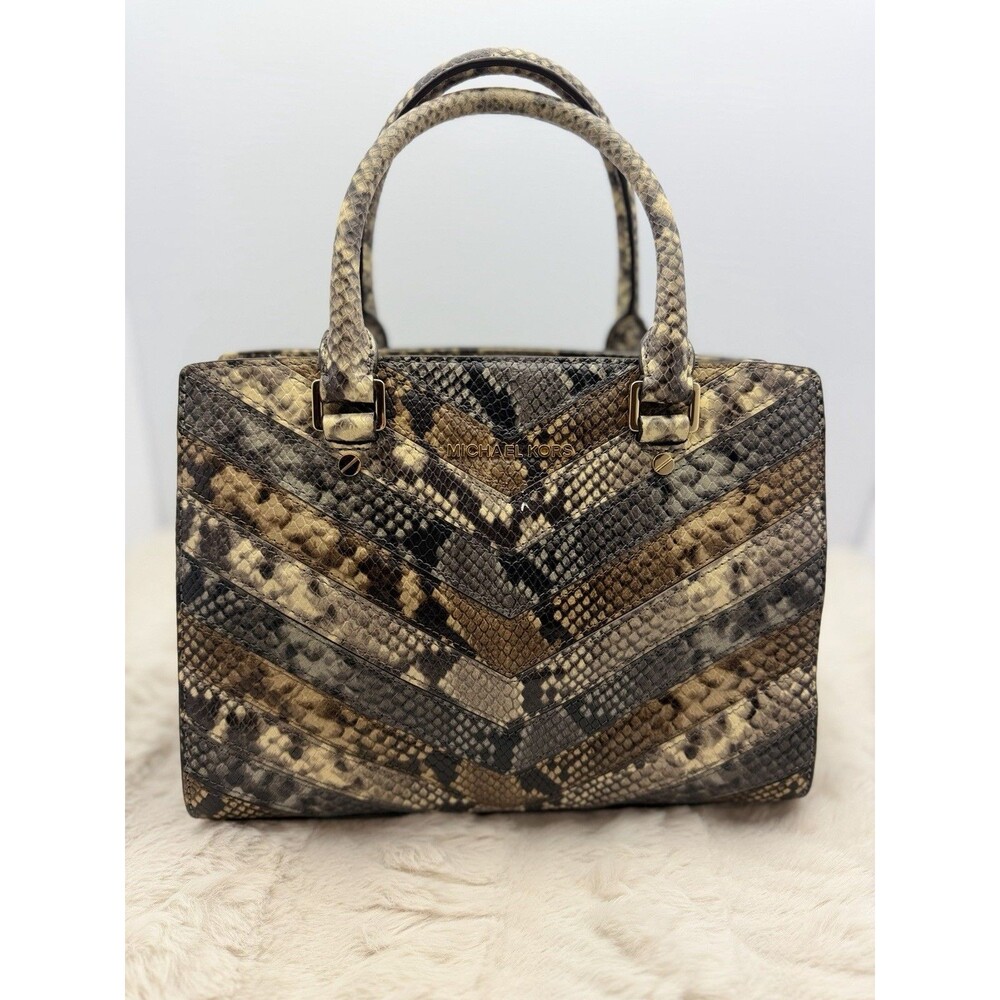 Michael Kors Selma Medium Satchel Python Embossed Leather Brown Chevron Bag - Picture 4 of 12
